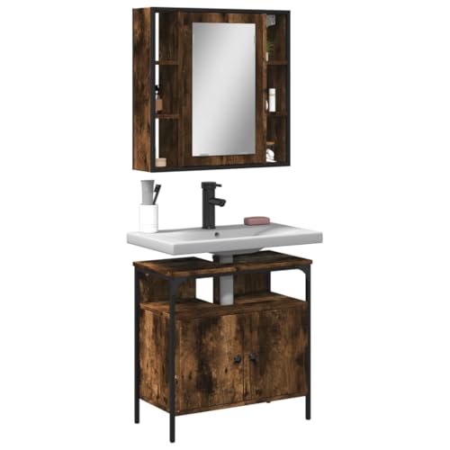 2 Piece Bathroom Furniture Set Smoked Oak Engineered Wood,Sturdy Bathroom Vanity Set with Mirror Cabinet and Ample Storage for a Tidy Bathroom Furniture Sets, Bathroom Furniture