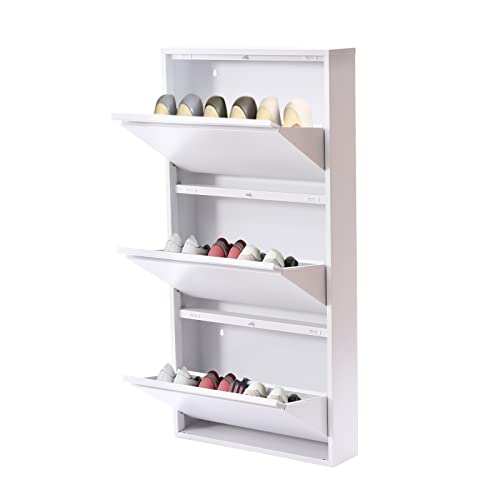 3 Drawer Steel Shoe Cabinet,Freestanding&Wall Mounted Shoe Rack Storage Organizer with Flip Door,Metal Shoe Cabinet for Entryway, Hallway (White-3 Drawer)