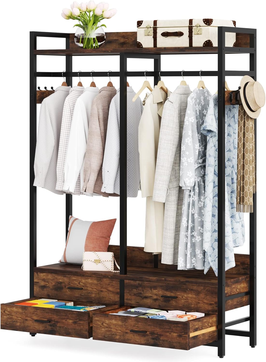 Freestanding Closet Organizer, Heavy Duty Clothes Rack for Hanging Clothes, Open Wardrobe Closet Garment Rack for Bedroom