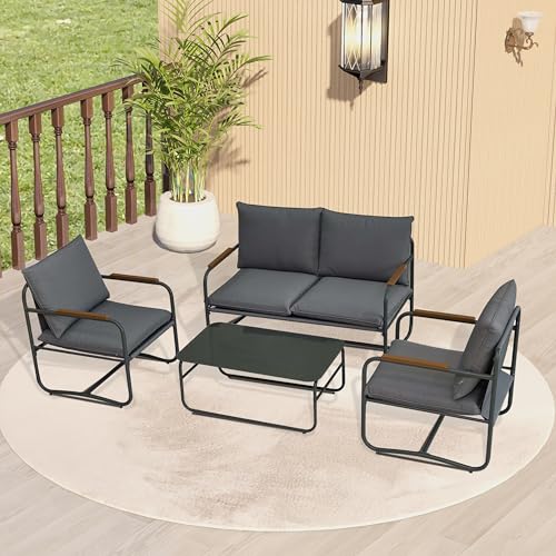 CIATRE 4-Piece Outdoor Patio Furniture Sets, Patio Conversation Set with Removable Seating Cushion, Courtyard Patio Set for Home, Yard, Poolside (Dark Gray)