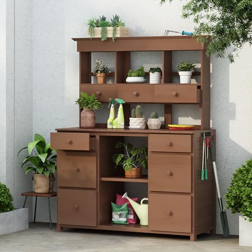 Garden Potting Bench Table, Gardening Workbench with Multiple Drawers and Shelves for Storage, Safety Anti-Falling Device, Outdoor Potting Table Wooden Patio Furniture White+Gray As Shown