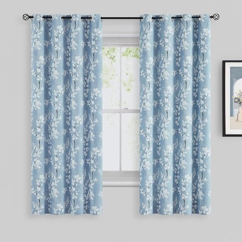 FMFUNCTEX White Grey Blackout Curtains for Bedroom 84 inch Length Floral Printed Living Room Curtain Panels for Farmhouse Décor Blossom Thermal Energy Efficient Light Blocking Window Curtain 2 Panels
