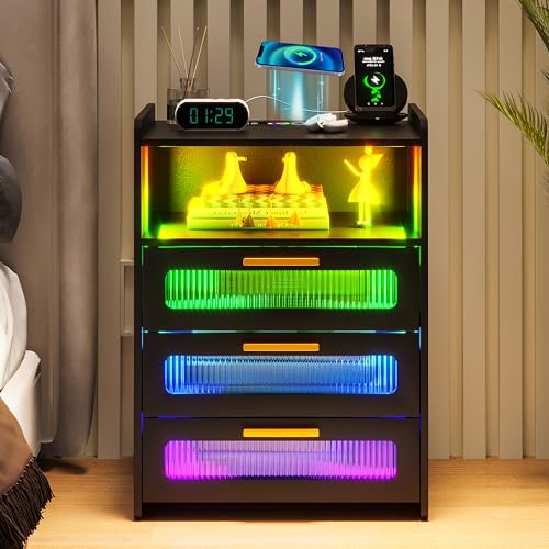 HNEBC Small Nightstand Set of 2, RGB LED Night Stand Set 2 with Wireless Charging Station, Smart Bedside Table with Motion Sensor Lights/RGB Dynamic Lights,End Table for Living Room/Bedroom (White)