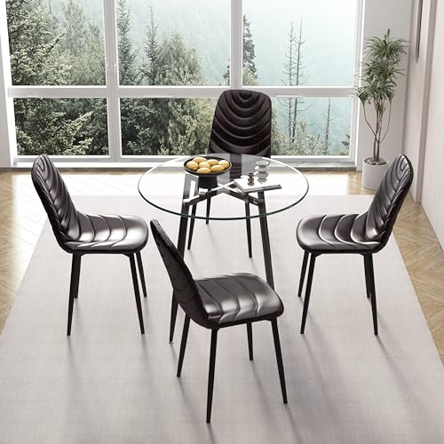 Modern 5-Piece Round Glass Dining Table Set with Faux Leather Chairs - Space-Saving Kitchen Furniture for Small Apartments (Table Only)