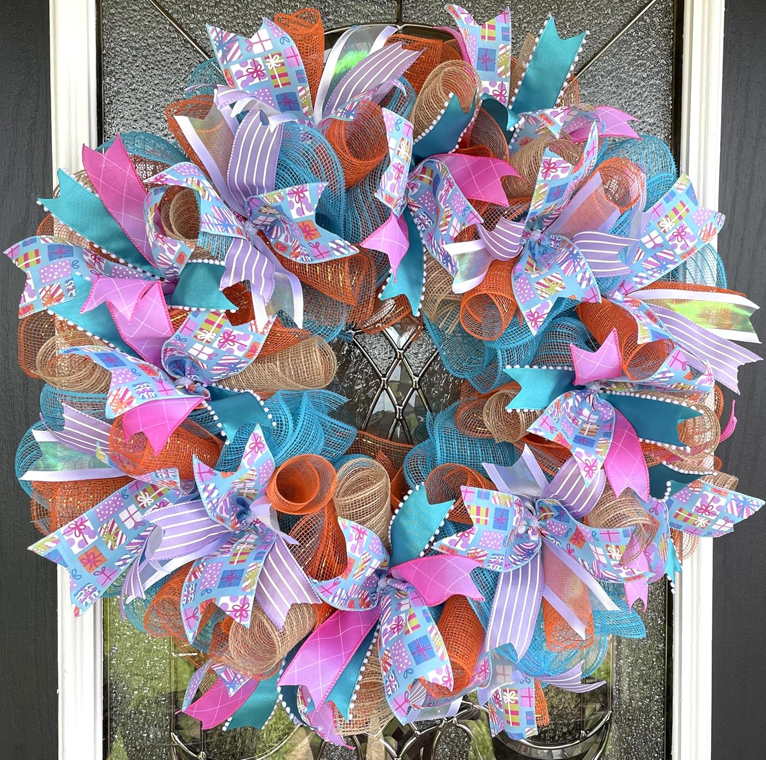 Beautiful Birthday or Baby Shower Wreath Present Gift Ribbon Deco Mesh Front Door Wreath Home Holiday Decor Fun Festive Indoor Outdoor, Porch Patio Decoration