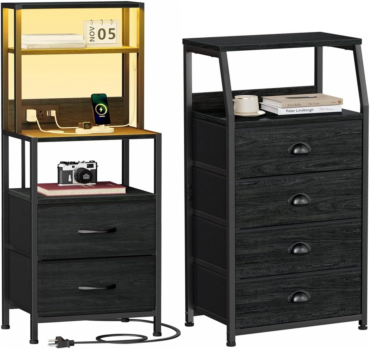 Furnulem 39inch Tall Nightstand with 2 Drawers and Charging Station, Vertical Storage Tower Black Dresser for Bedroom, Hallway, Entryway, Nursery, Closet Organizer, Nightstand Bedside Table Furniture