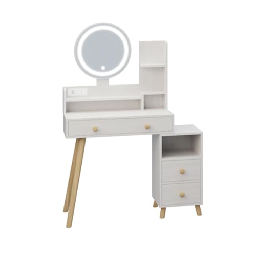 Vanity Table + Stool Set Multi Layer Practical Fashionable Dresser, Modern Makeup Furniture with 3 Color Mirror Drawers, Open Storage Shelf for Girl Home Decoration White Oak As Shown