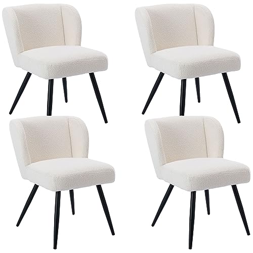 White Sherpa Dining Chairs Set of 6, Mid-Century Modern Upholstered Armless Side Chairs with Curved Backrest and Black Metal Legs, White