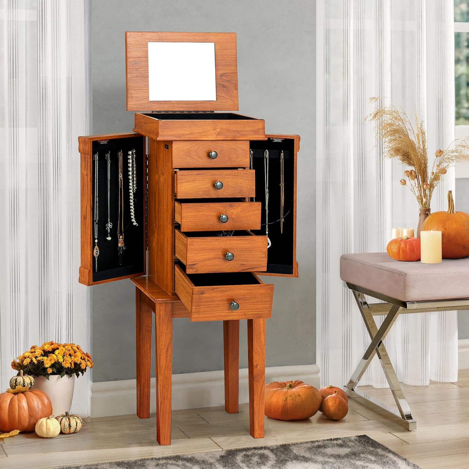 AVAWING Jewelry Cabinet Armoire with Top Flip Makeup Mirror, 5 Drawers&8 Necklace Hooks, Jewelry Storage Organizer with 2 Side Doors, Jewelry Armoire Box Chest with Top Organizer Compartment (Cherry)