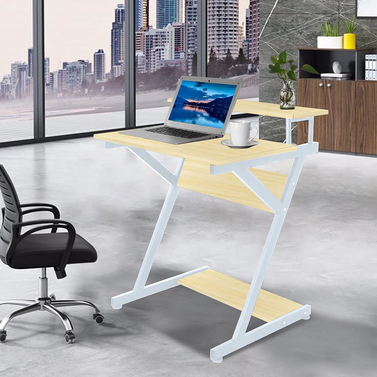 Unique Z-Shaped Computer Desk with Monitor Shelf & Bottom Storage Shelves, Desk for Small Spaces,