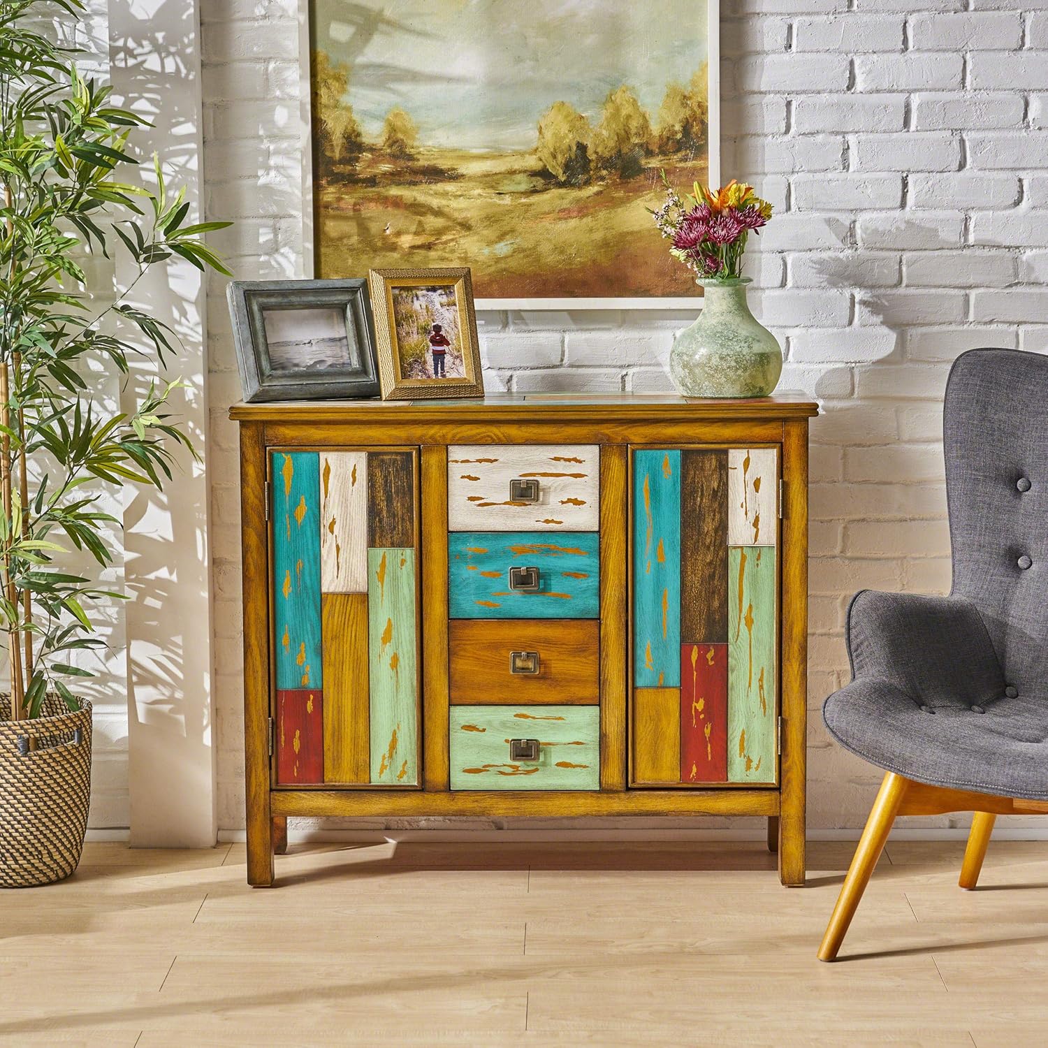 4 Drawer 2 Door Storage Cabinet with Antique Distressed Design, Elegant Antique Brass Handles, Sturdy Birch Wood Legs for Entrance Living Room Dining Room Kitchen