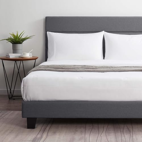 Hearth & Harbor King Bed Frame and Headboard – Linen Horizontal Channel Upholstered King Size Bed Frame, Platform Bed Frame King, Modern Bedframe with Wooden Slats, No Box Spring Needed, Beige