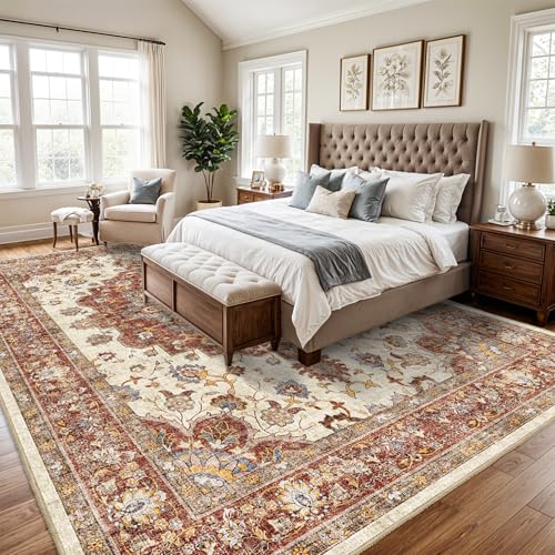 Washable Oriental Area Rug - 9x12 Rugs for Living Room Soft Carpet for Bedroom Waterproof Floral Distressed Indoor Stain Resistant Non-Shedding Floor Carpets (Green, 9x12)