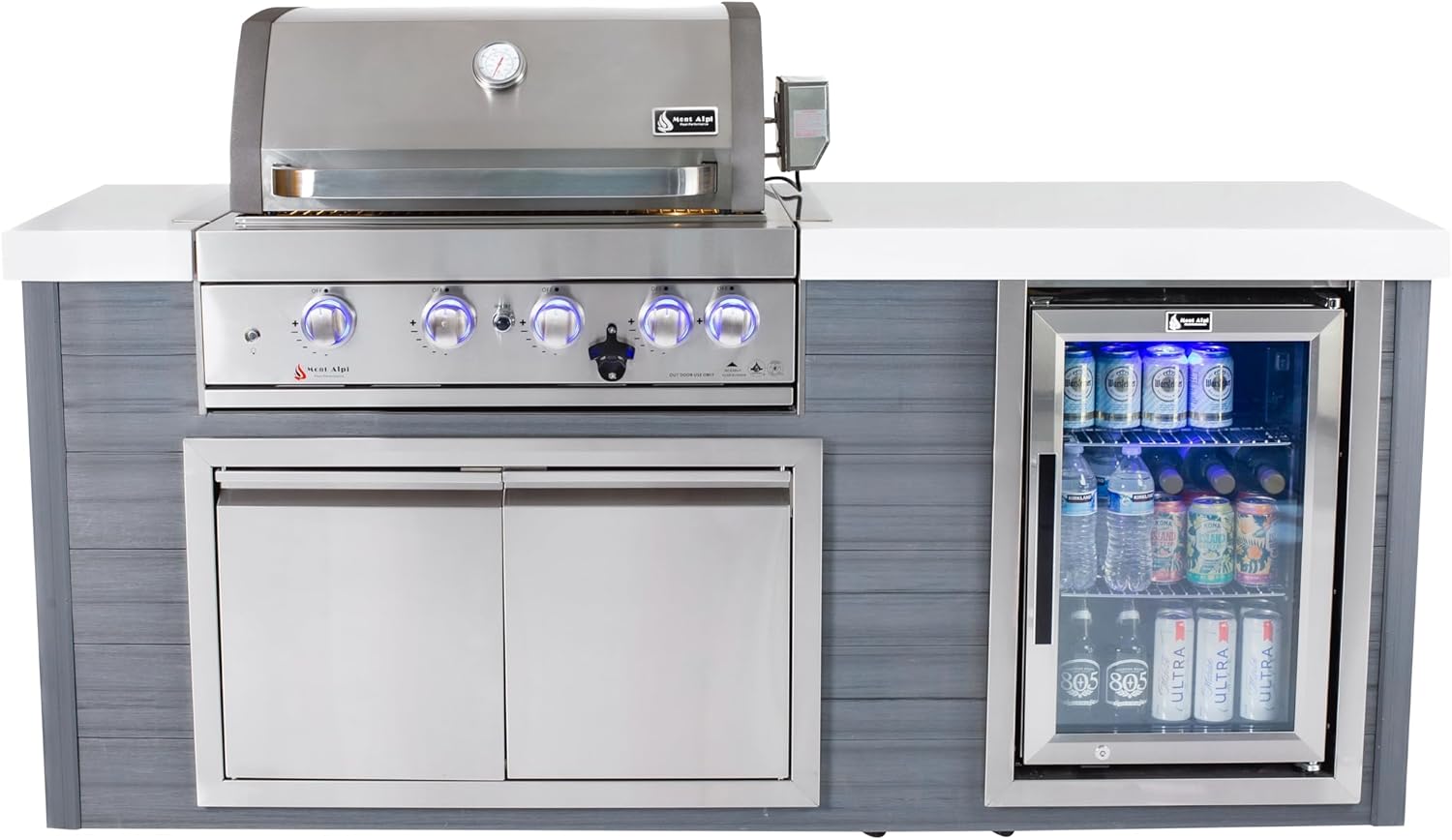 Mont Alpi MA400-AW Artwood HDPE Plastic Built-in 6-Burner 32-inch 63000 BTU Propane Natural Gas Stainless Steel Outdoor Kitchen Barbecue Island Grill + White Granite Countertops + Fridge Cabinet