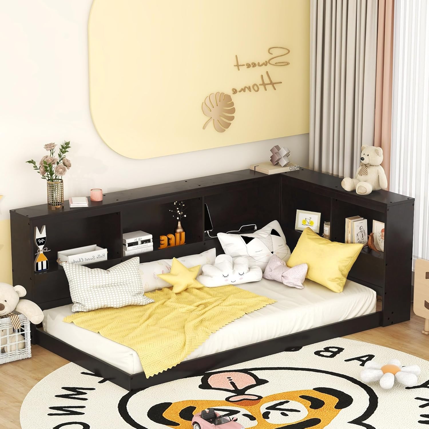 Harper & Bright Designs Twin Size Daybed, Wood Twin Bed Frame with L-Shaped Bookcases and USB Ports,Twin Floor Sofa Bed for Kids Room, Bedroom, Living Room,Espresso