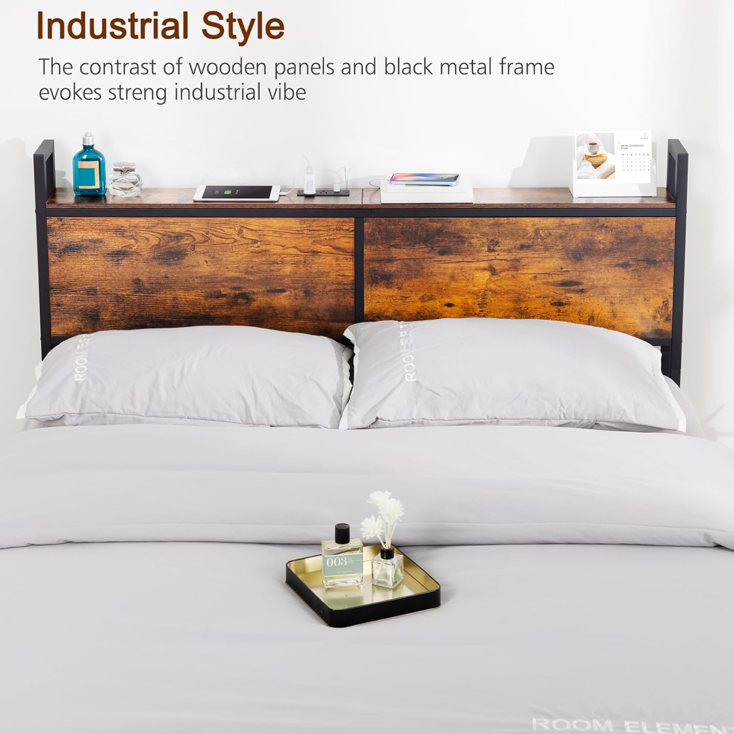 Metal and Wood Headboard with Charging Station,Night Stand with Charging Station