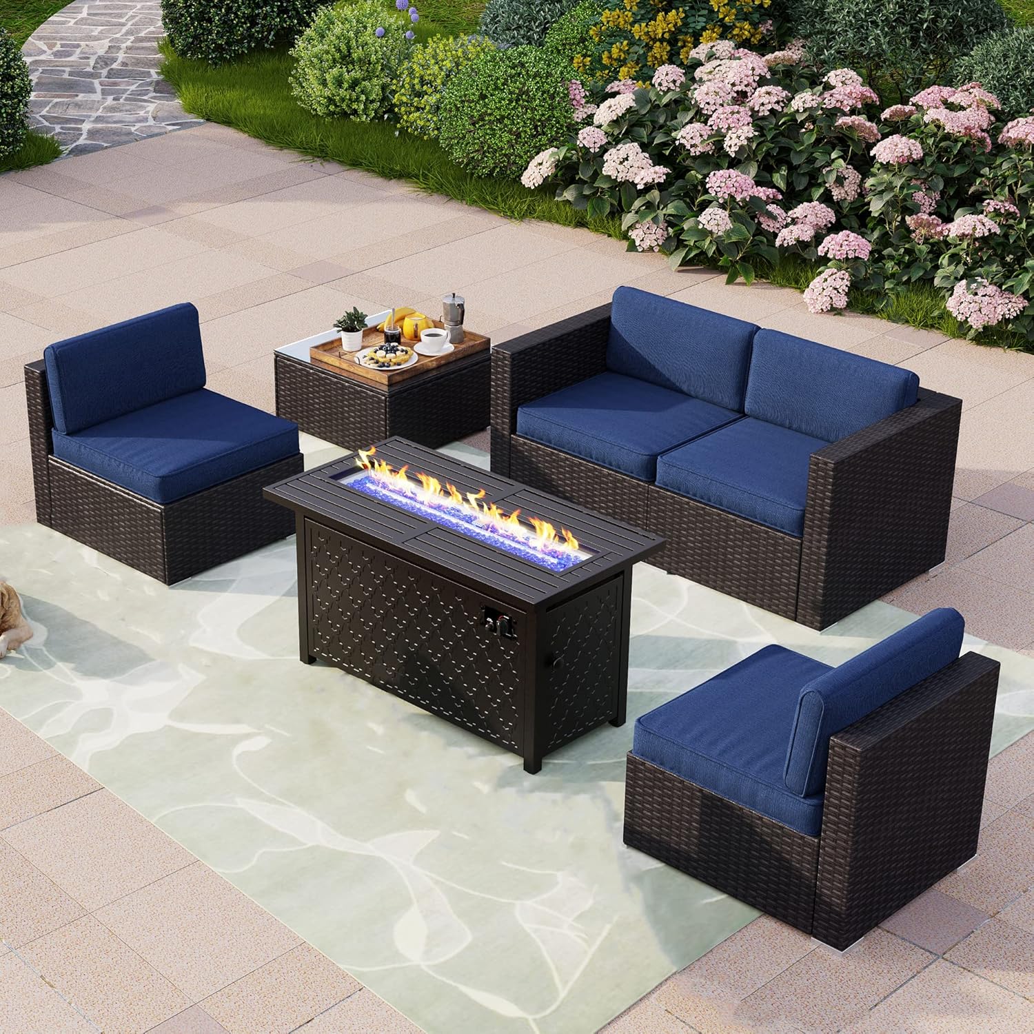 PHI VILLA 6-Piece Patio Furniture Set with Fire Pit Table Wicker Sectional Sofa Set Outdoor Rattan Patio Conversation Sets w/CSA Approved 45 Inch 50,000 BTU Propane Gas Fire Pit Table & Coffee Table