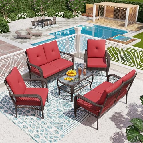 PHI VILLA 5 Piece Outdoor Wicker Patio Furniture Sets Clearance, Patio Wicker Conversation Sets All Weather Rattan Wicker Sofa with Cushions for Garden Lawn Deck, Brown & Red