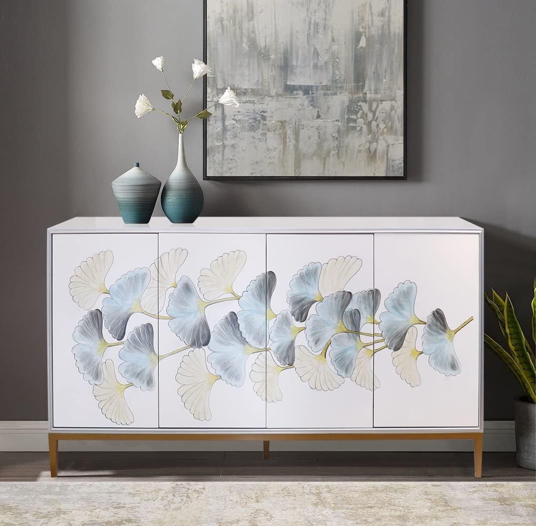 Pasargad Home Annabelle Sideboard with 4 Floral Doors, 2 Drawers with Bronze Metal Frame, Silver