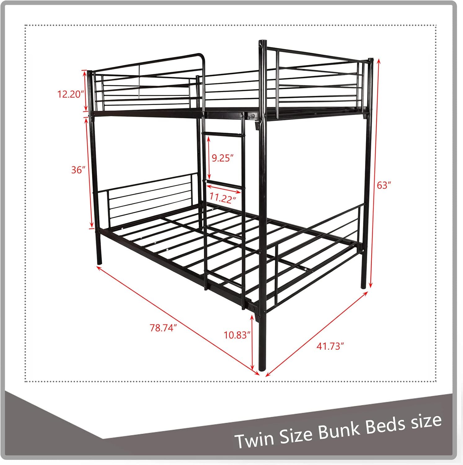 Metal Frame Bunk Bed Twin Over Twin, Safety Guard Rails & Side Ladder with Classic Bunk Bed, Space-Saving Design, Black