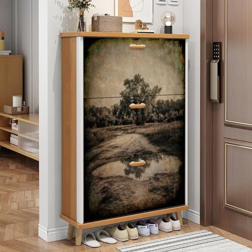 3 Drawer Shoe Cabinet, Artistic Shoe Cabinet, Birch Trees bark Birch Grove Autumn Wood Shoe Rack Organizer for Entryway Slim (31.5”W x 9.45”D 46”H)