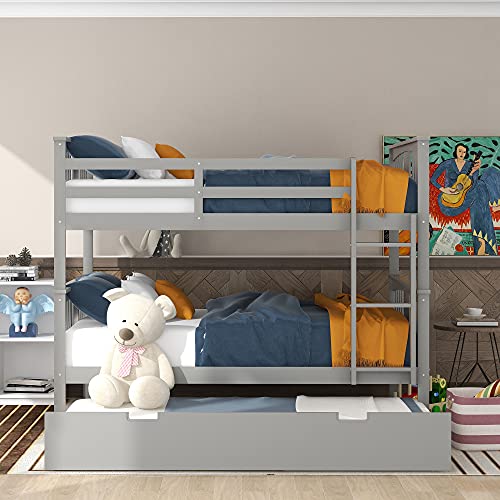 Full Over Full Bunk Bed with Trundle for 3 Kids, Detachable into Two Full Size Beds, Ladder & Full-length Guardrail, Space-saving, Wooden Trundle Bunk Beds No Foundation/Box Spring Needed