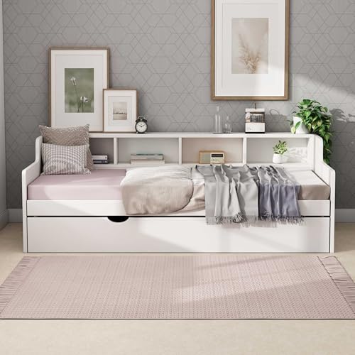 WasaFire Twin Size Wooden Day Bed with Trundle for Guest Room Small Bedroom Study Room (white)