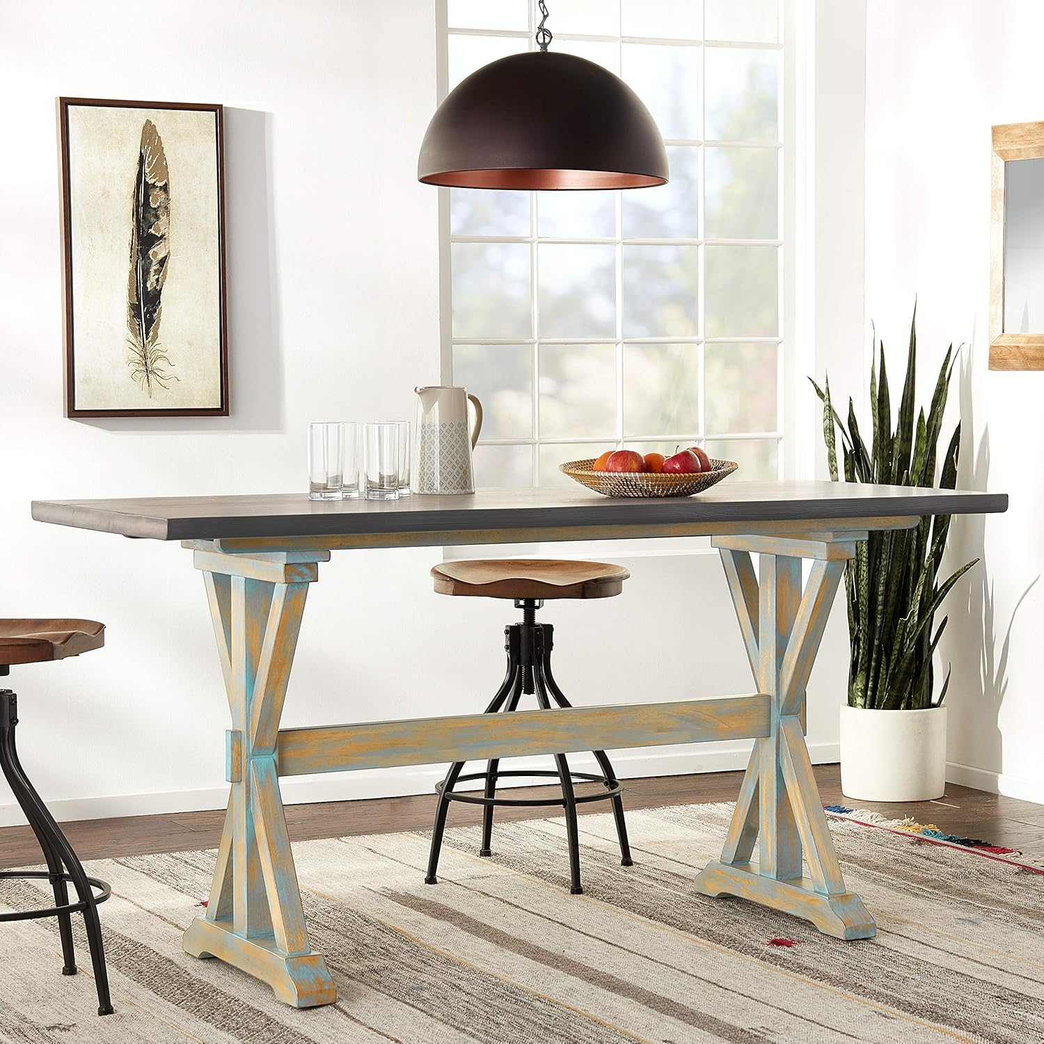 Kings Brand Arland Grey / Blue Wood Counter Height Rectangle Kitchen Dinette Dining Table