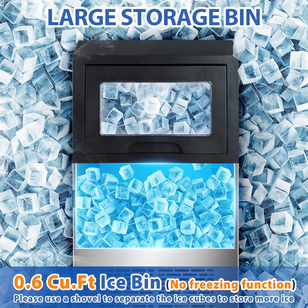 LifePlus Commercial Ice Maker Machine 100Lbs/24H, Stainless Steel Under Counter ice Maker with Large Storage Bin, 45 Ice Cubes/Cycle, 2 Way Water Supply, Freestanding for Home Party Shop Office Bar