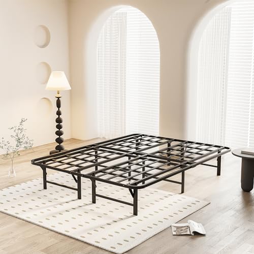 Folding Metal Platform Bed Frame, 16 Inches High, Heavy Duty Steel Slat Frame No Box Spring Needed, Easy Tool Free Assembly, Noise Free, Twin Size, Black