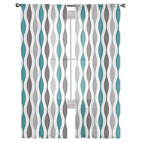 Semi Sheer Curtains 84 inches Long for Living Room,Rod Pocket Voile Drapes Bedroom Decor, Mid-Century Modern Geometric Yellow Gray Pattern Window Curtains 2 Panels for Sliding Glass Door,Patio