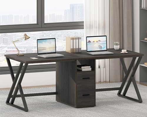 LVB Large 2 Person Desk, Modern White Computer Desk with File Cabinet, Extra Long Workstation Double Desk with Storage Shelf, Industrial PC Writing Study Dual Executive Office Desk with Drawer, 79 in