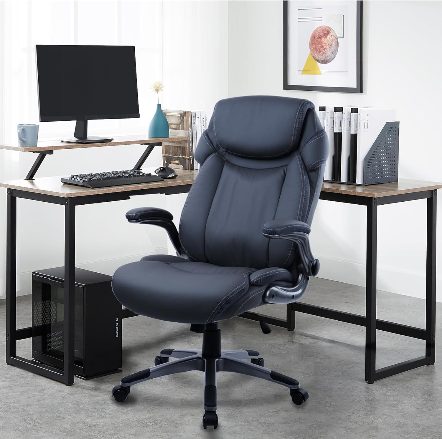 CLATINA Executive Office Chair with Flip-up Armrests, PU Leather High Back Ergonomic Desk Chair Height-Adjustable Swivel Rolling Computer Desk Chair, Grey
