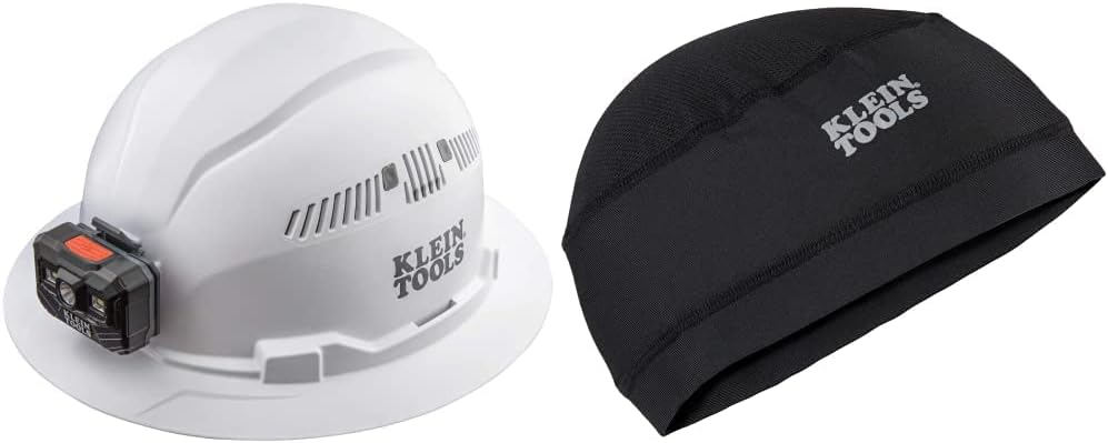 Klein Tools 60407RL Hard Hat, Rechargeable Headlamp, White & 60181 Cooling Helmet Liner, Under Hard Hat Cap with Mesh Fabric at Crown
