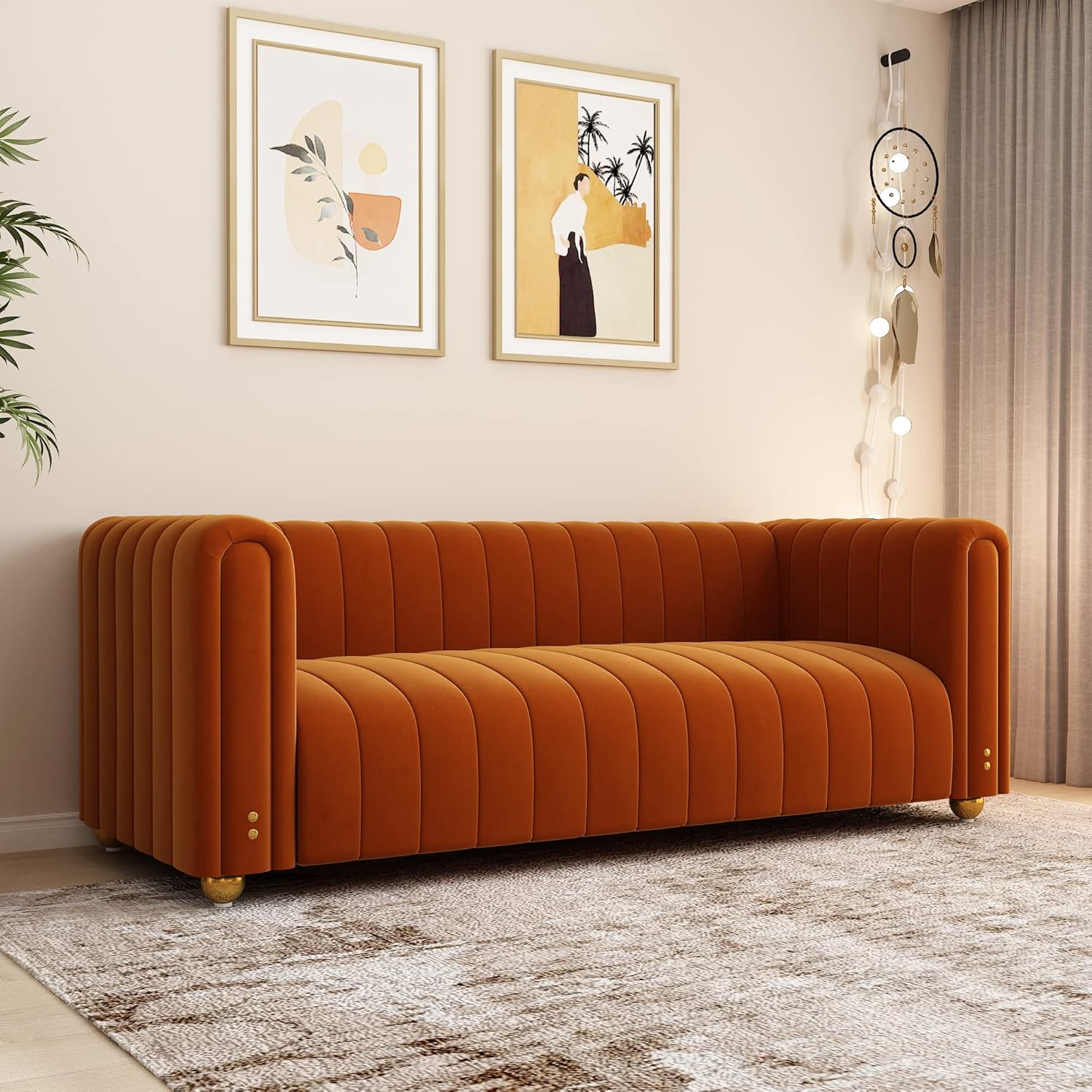 L-Shape Modular Sectional Sofa Couches with Ottoman for Small Space Mid Century Modern Couch Convertible Loveseat,Sectional Couch for Living Room 3 Seater Muebles Para La Sala (Velvet Fabric, Orange)