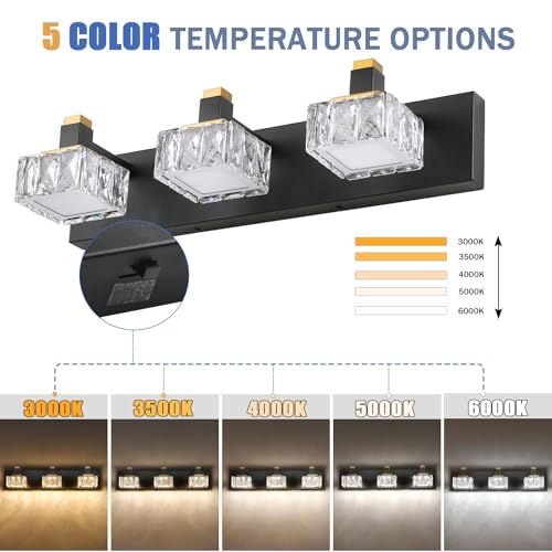 Bathroom Vanity Lights Over Mirror,3-Light Dimmable 5CCT Led Vanity Lights Black Gold Crystal Wall Sconce Lighting 22.4 inches Modern Vanity Light for Bathroom,Bedroom,Living room.(3000K-6000K）