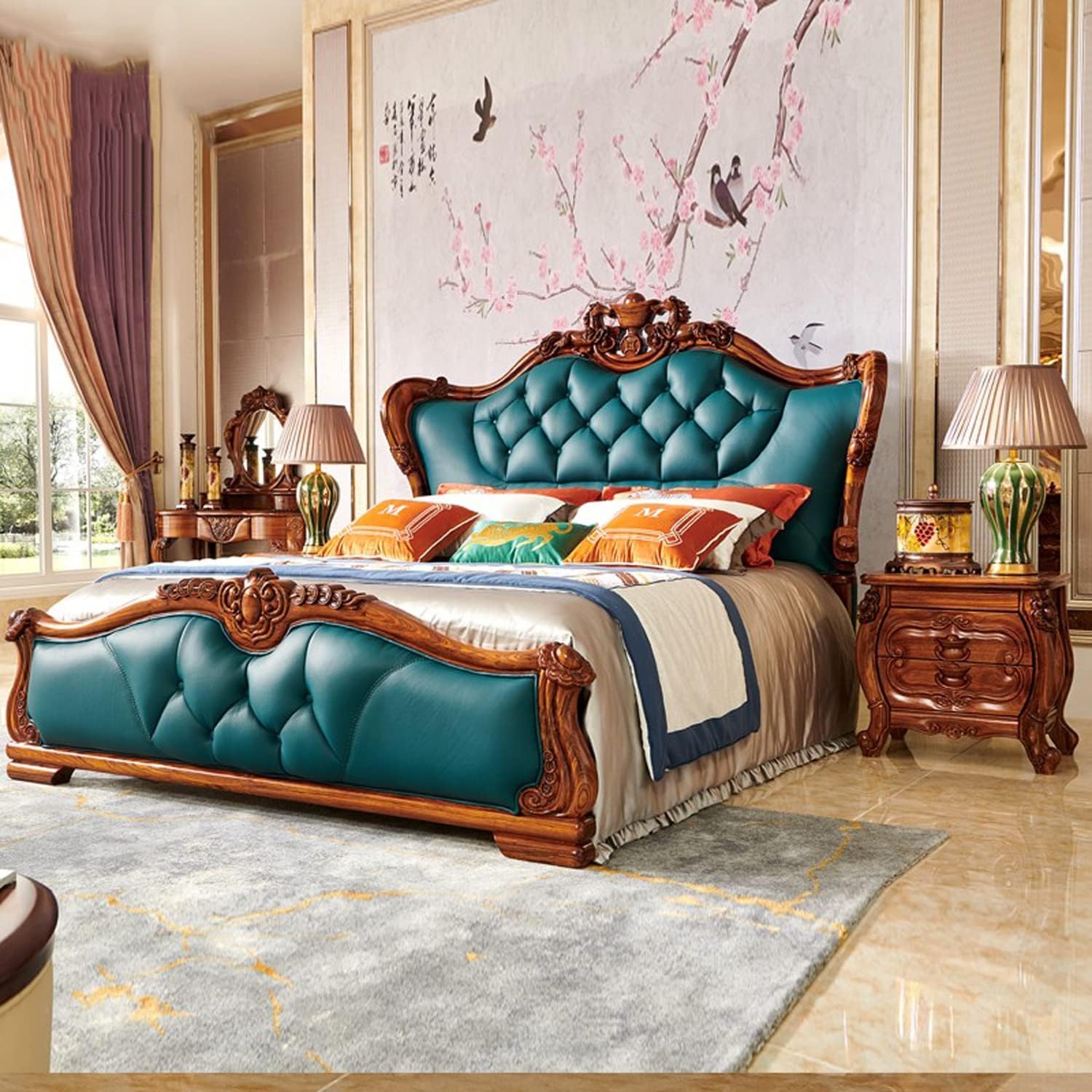 High-end Retro Nightstand, Luxury Solid Wood Bedroom Nightstands with 2 Drawer, Exquisite Carving Storage Cabinet, Bedside Tables Furniture for Villa Big House Bedroom