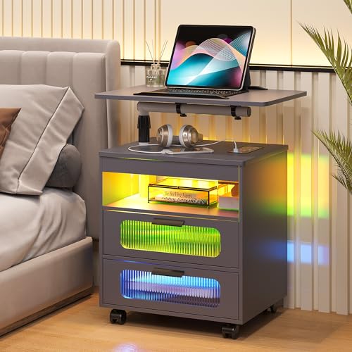 HNEBC LED Nightstand with Wireless Charging Station, Modern Bed Side Table with RGB Dazzling Lights, Smart Night Stand with Adjustable Rotary Table, End Table for Living Room, Bedroom (White)