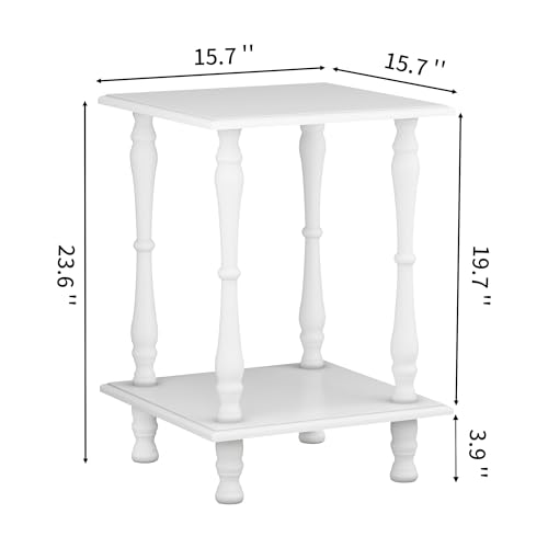 Square End Table with Storage Shelf Vintage Sofa Side Table 2-Tier Wooden Retro Bedside Table for Living Room Bedroom and Small Space, White