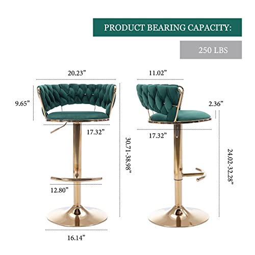 Kiztir Velvet Swivel Bar Stools Set of 2, Adjustable Counter Height Bar Chairs with Woven Back & Footrest, Luxury Gold Bar Stools for Kitchen Island, Cafe, Pub (Green)