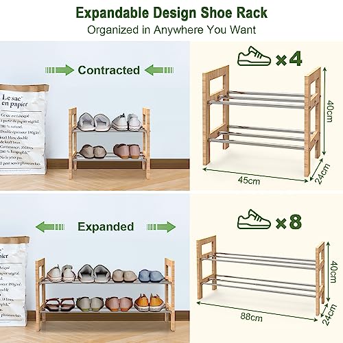 2 Tier Expandable Shoe Rack, Adjustable Shoes Organizer Storage Shelf, Wooden and Metal Free Standing Shoe Rack for Closet Entryway Doorway and Small Space (2-tier)
