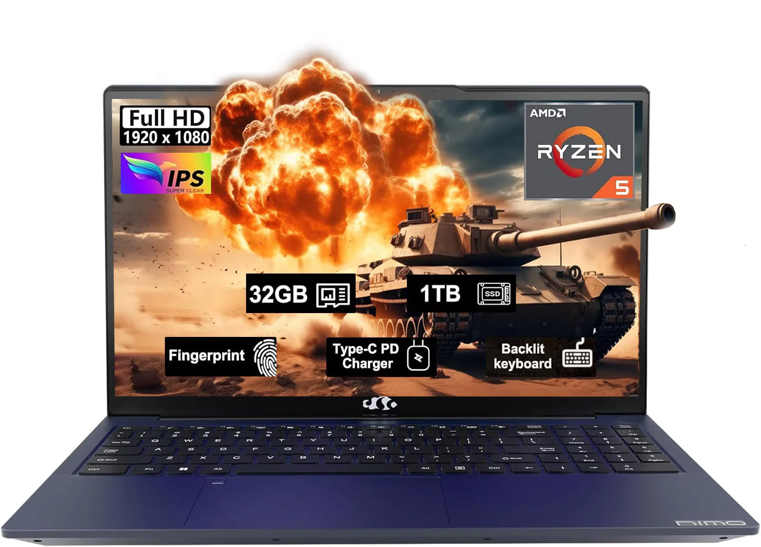 15.6" Business-gaming-Laptop 6-Cores AMD Ryzen 5 6600H 660M 6nm GPU 32GB DDR5 1TB SSD(up to 4.5GHz) Windows11 100W Type-C FHD IPS Laptop-Computer with Fingerprint Backlit Keyboard WiFi5