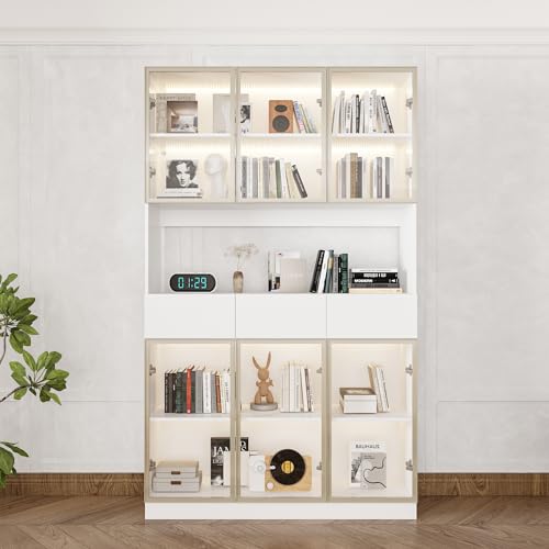 Homsee Bookcase Bookshelf with Storage Shelves, Drawers, 6 Glass Doors & LED Lights, Wooden Display Storage Cabinet with Hutch for Home Office, Living Room, White (47.2”W x 14.2”D x 78.7”H)