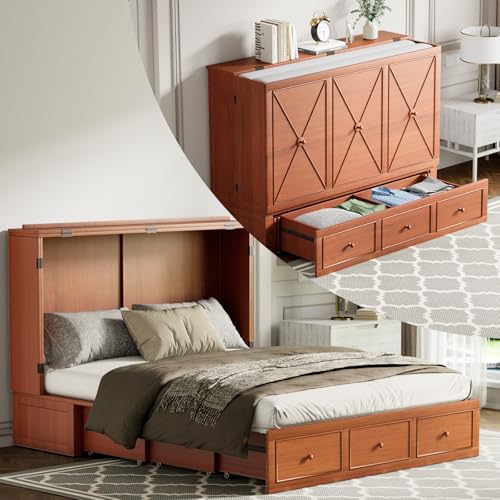 Queen Murphy Bed, Murphy Bed Cabinet with USB Charging Ports, Bottom Storage Drawers, Hidden Murphy Bed with Mattress Included, Wall Bed for Bedroom, Guest Room