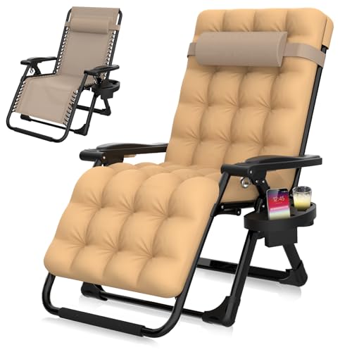 Suteck Zero Gravity Chair, Reclining Camping Lounge Chair w/Removable Cushion, Upgraded Lock and Cup Holder, Reclining Patio Chairs Folding Recliner for Indoor and Outdoor, Beige