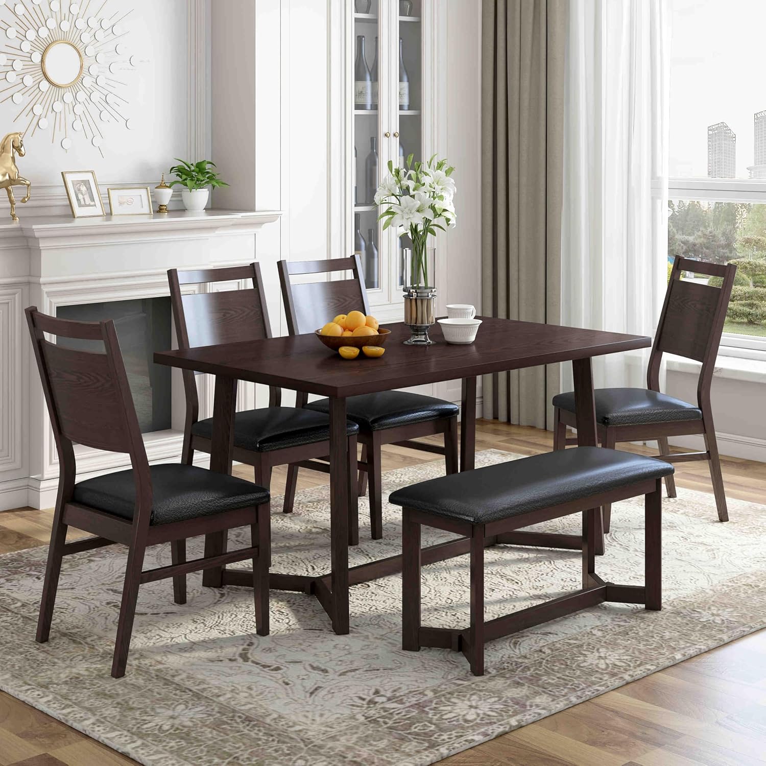 6-Piece Dining Table Set with 4 Soft Chairs and 1 Bench - Solid Wood Kitchen and Dining Room Furniture