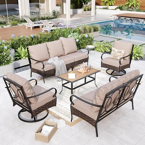 GREEN PARTY Extra Large Outdoor Patio Furniture Set 4 Pieces for 5, Modern Metal Patio Conversation Sets with High Back 3-Seat Sofa, 2 Swivel Chairs, 1 Coffee Table, for Garden, Backyard
