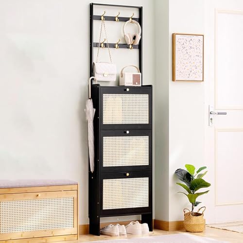 Rattan Shoe Cabinet with Coat Rack, with 2/3 Flip Drawers and Storage Shelves, Large Shoe Rack Organizer, for Closet Hallway Bedroom Entryway,2 door,70cm