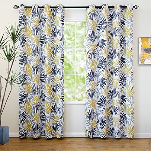 Mustard Leaf Curtains for Bedroom, Gray and Yellow Patterned Blackout Curtains 84 Inch length 2 Panels Set, Light Blocking Room Darkening Curtains Grommet Thermal Insulating Curtain Drapes