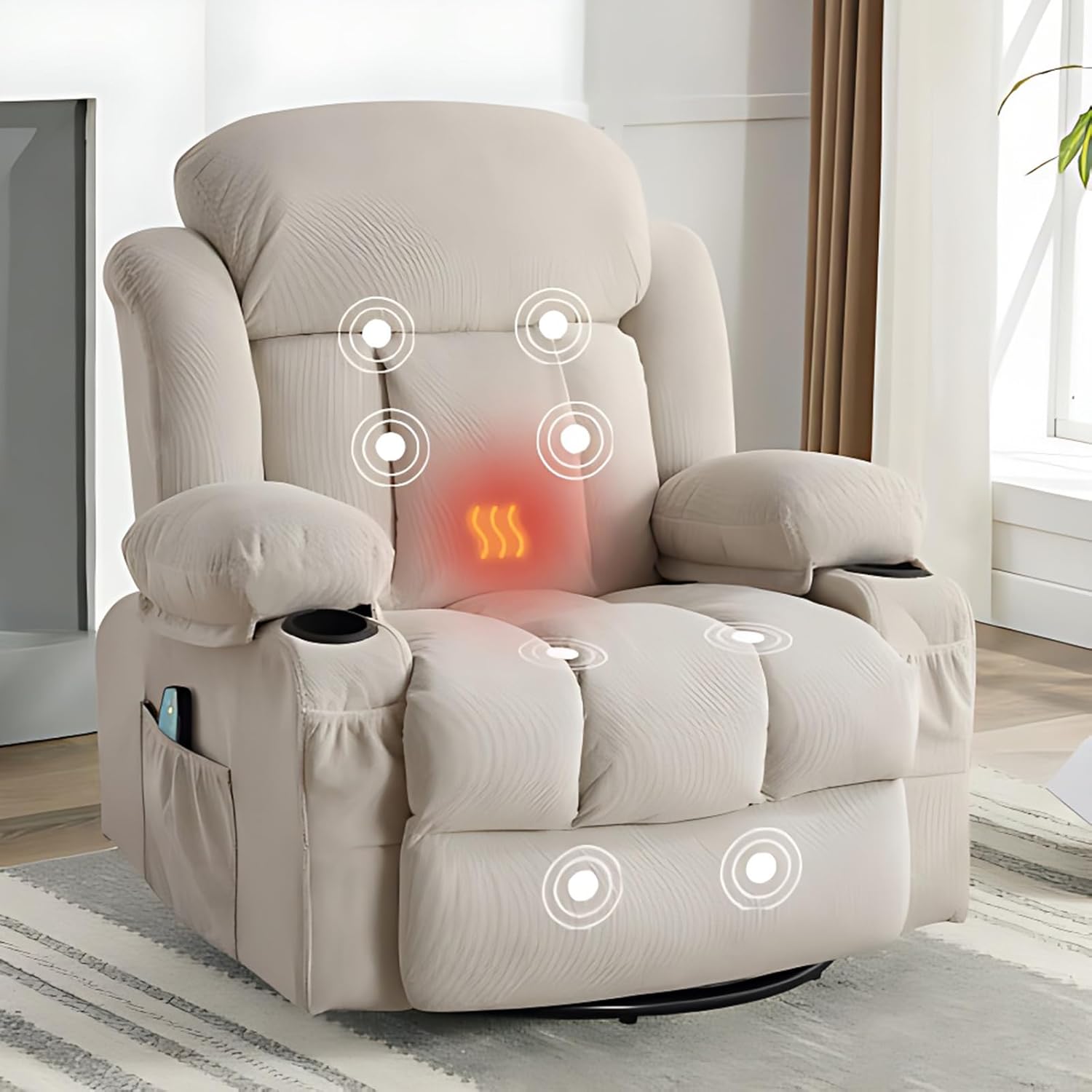 Swinging Recliner Massage Heated Sofa, Massage Recliner Chair with Adjustable Backest and USB Port, 360 Swivel Lazy Electric Recliner Chair for Living Room (Light Grey)